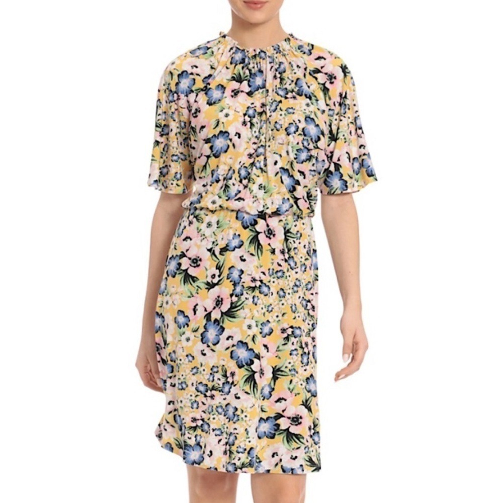 London Times Yellow Floral Ruffle Neck Flutter Sleeve Elastic Waist Dress 6